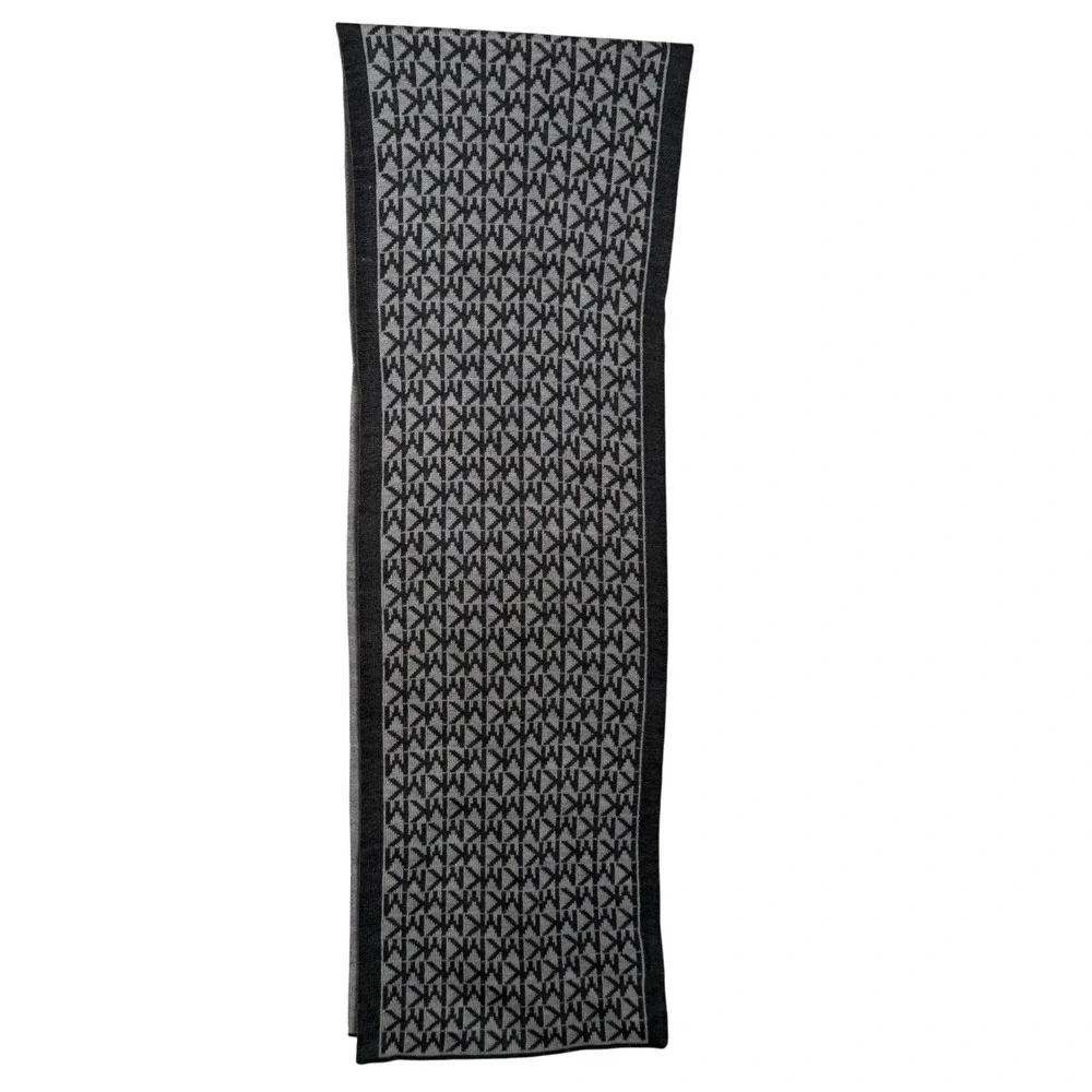 Michael Kors MK Logo Knit Scarf Womens Black Grey Monogram Winter  Quiet Luxury